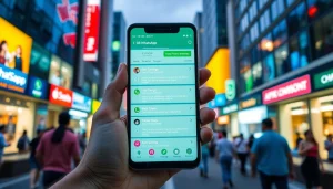 GB WhatsApp APK showcasing customizable features and vibrant chat options on a smartphone in an urban setting.