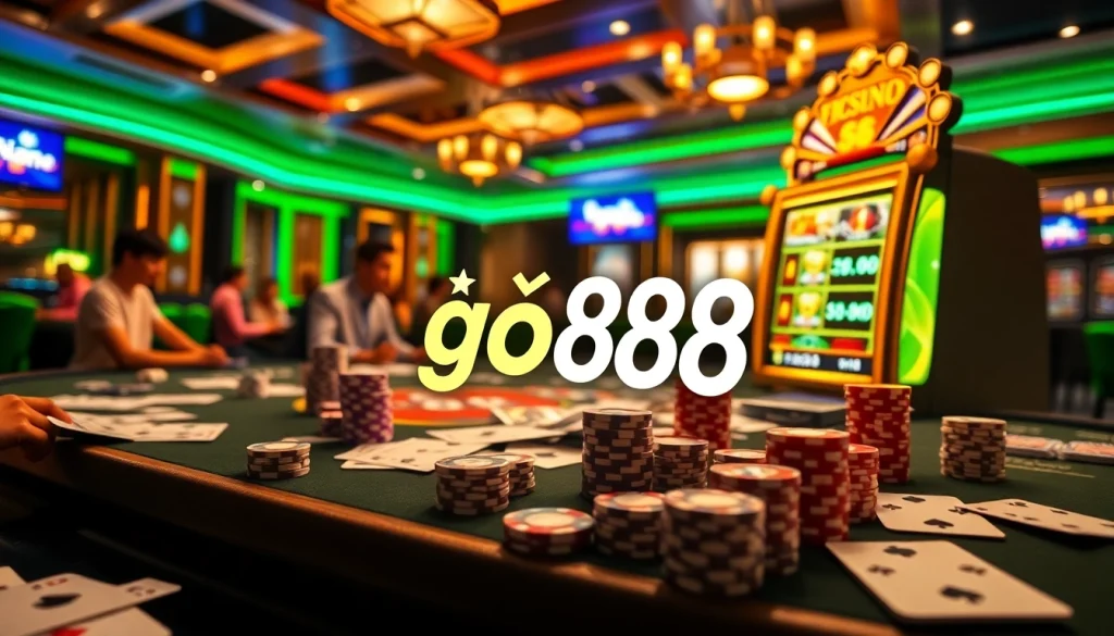 Tải go88 showcased in a luxurious online casino scene with playing cards, dice, and a vibrant slot machine.