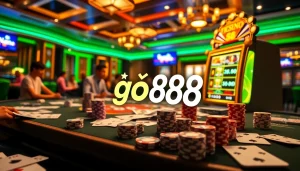 Tải go88 showcased in a luxurious online casino scene with playing cards, dice, and a vibrant slot machine.