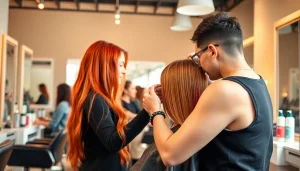 A colorful salon vopsit bucuresti session with a stylist applying hair dye.