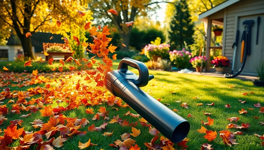 Efficient electric leaf blower clearing autumn leaves in a bright garden