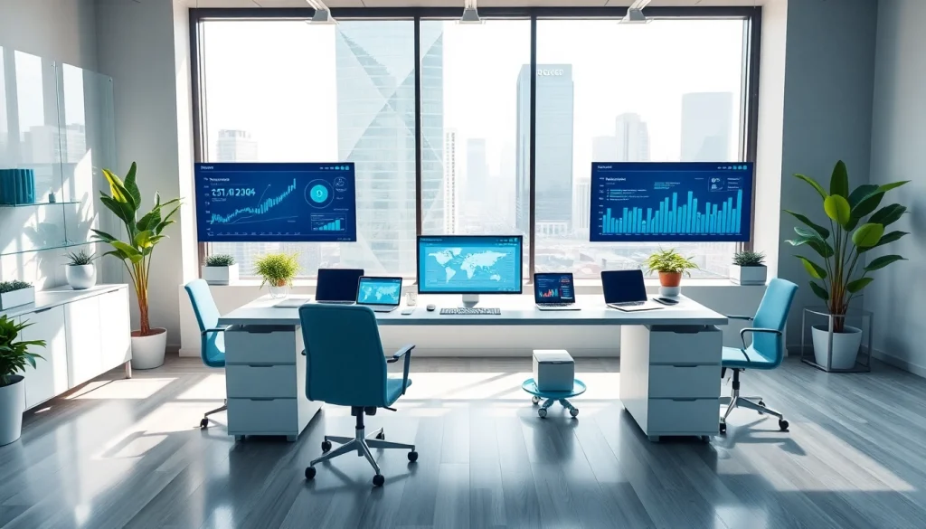 Showcasing a digital workspace around 1cplatform featuring laptops and analytics screens.