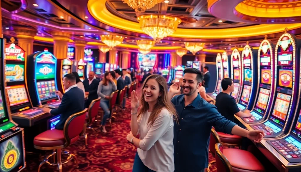 Play slot pulsa at a luxurious casino, featuring vibrant machines and excited gamblers.