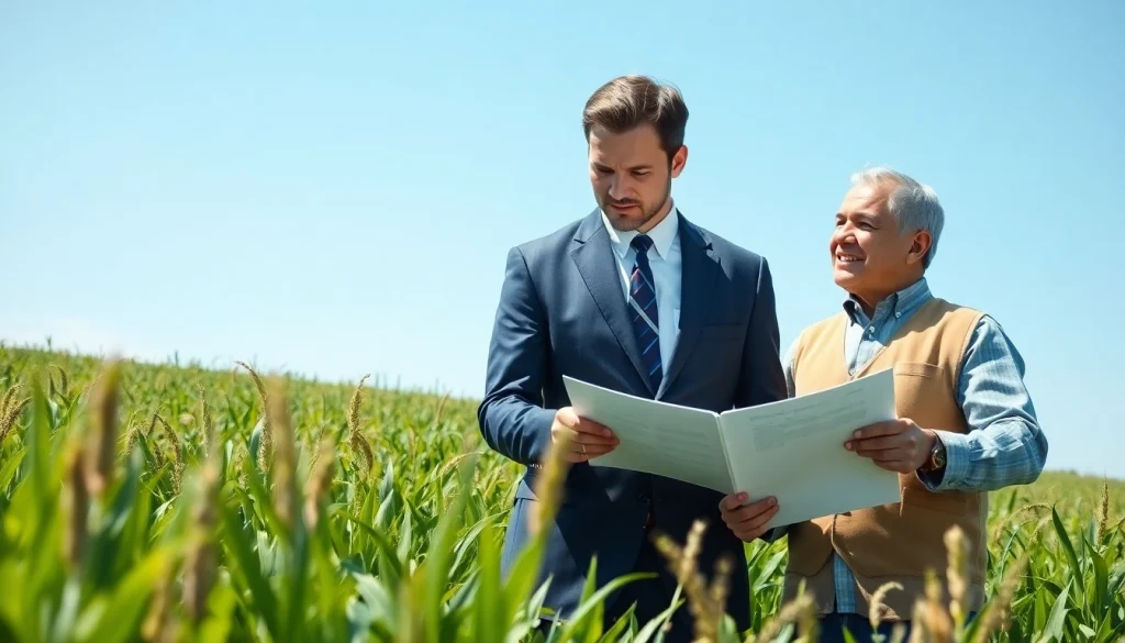 Engaging discussion about agriculture law between a lawyer and a farmer in a vibrant field.