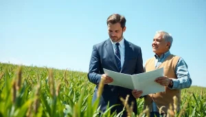 Engaging discussion about agriculture law between a lawyer and a farmer in a vibrant field.