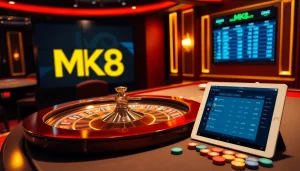 Experience thrilling gambling at MK8 casino with roulette table, betting chips, and digital interfaces.