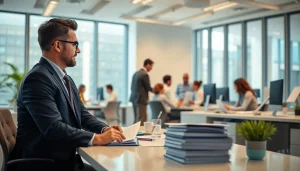 Consultants engaging with clients in a tax office to provide assistance and expert advice.