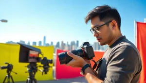 Freelance photography business course showcasing a photographer capturing images in an urban setting.