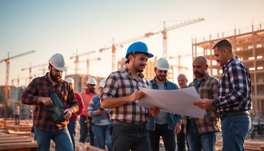 Highlighting careers in construction, a diverse team collaborates on a construction site with cranes in the backdrop.
