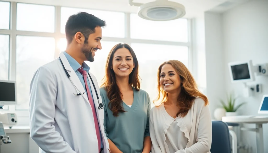 Ovodonazione in un ambiente clinico, dove un medico supporta una coppia in attesa.
