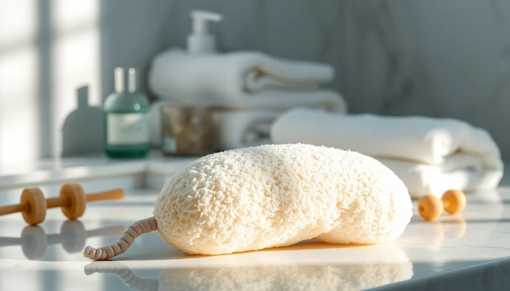 Clean makeup remover loofah displayed on a marble countertop with soothing accessories.