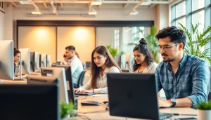 Engaged professionals at a typing center showcasing productivity and a modern environment.