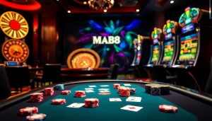 Play poker at Man88's luxurious casino table surrounded by vibrant chips and cards.