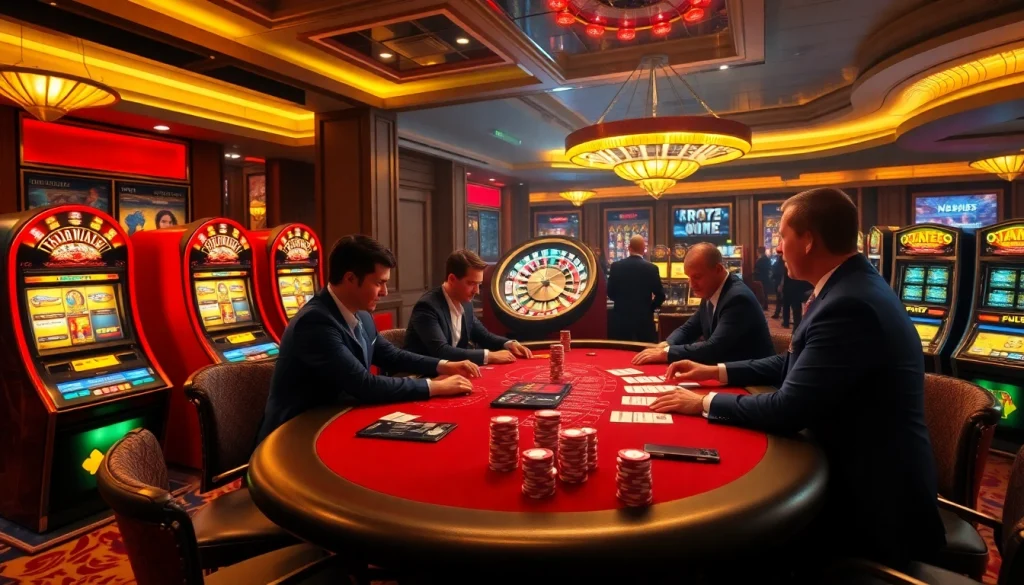 Players enjoying a high-stakes poker game at OK365 casino with vibrant atmosphere.