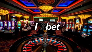 Players enjoying the thrill of gambling at i9bet's luxurious casino tables with vibrant decor.