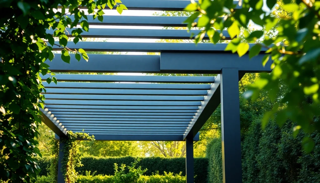 Welcoming modern steel pergola enhances a garden's beauty with elegant design and rich greenery.