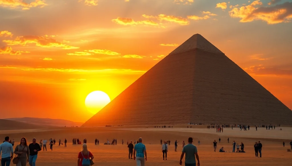 Piraminds highlighted against a vibrant sunset with tourists admiring the ancient structure.