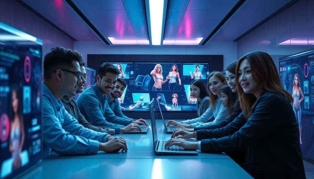 Futuristic workspace showcasing users engaging with the AI NSFW image generator, featuring dynamic digital art.