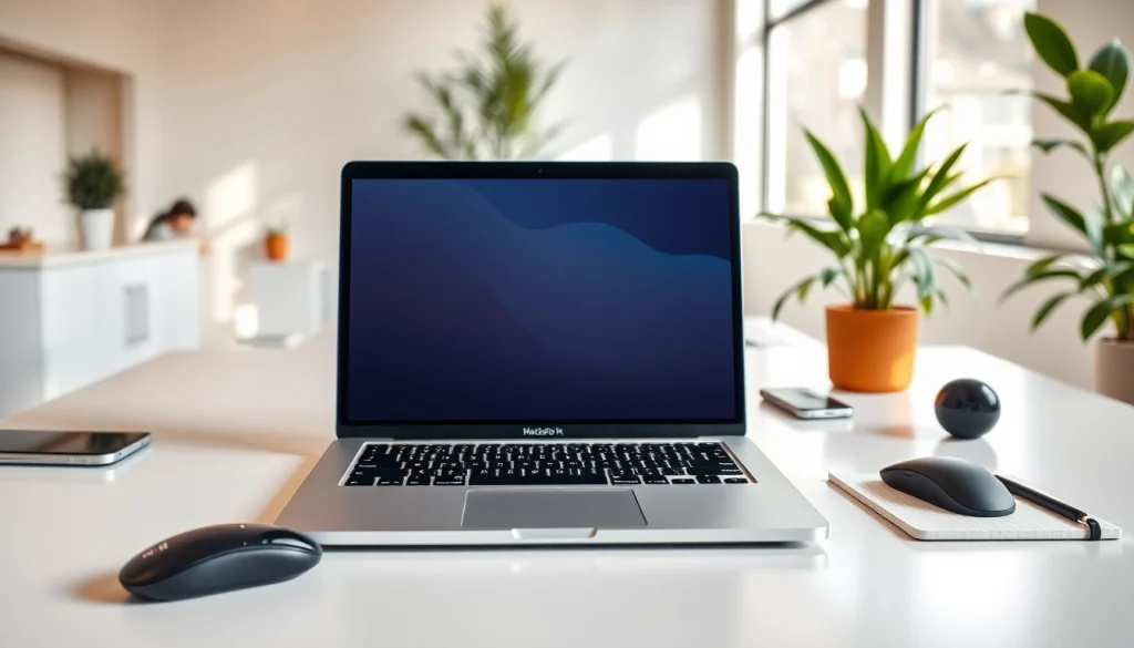 MacBook Pro M3 destacado en un escritorio moderno con detalles nítidos y tecnología contemporánea.