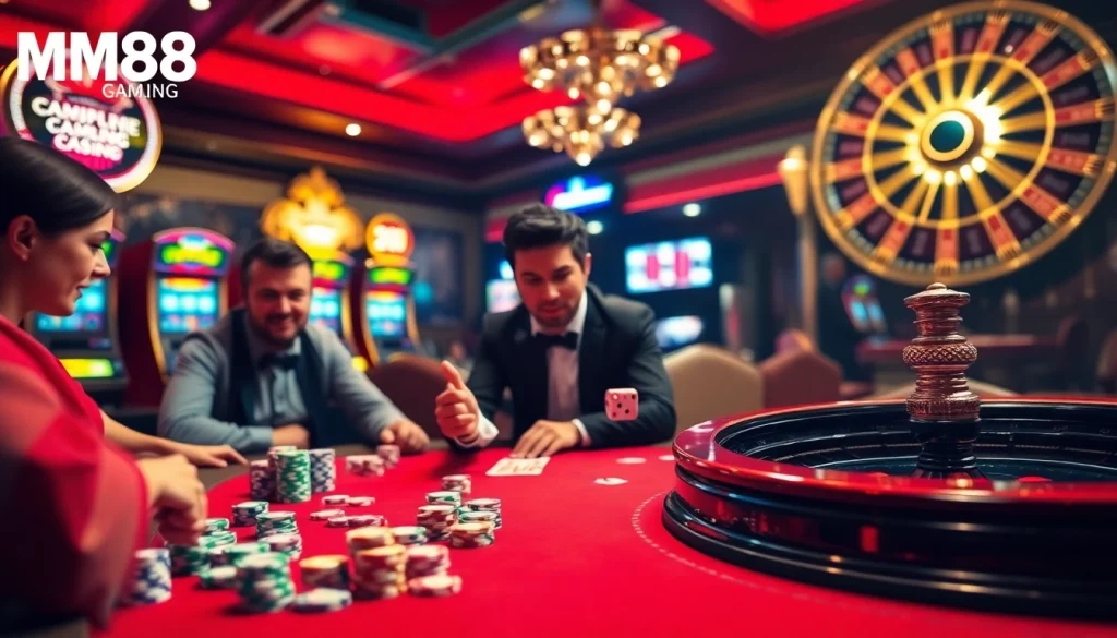 Gambler at a luxurious MM88 casino table with colorful chips and dice.