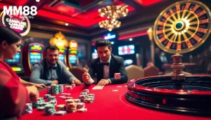Gambler at a luxurious MM88 casino table with colorful chips and dice.
