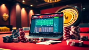 Experience sbobet online betting with an exciting casino scene featuring poker chips and cards.