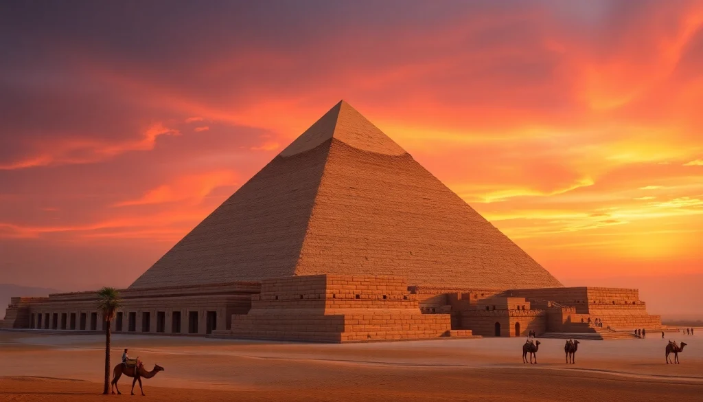 Piraminds illuminating under a sunset, showcasing ancient architectural grandeur and desert tranquility.