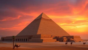 Piraminds illuminating under a sunset, showcasing ancient architectural grandeur and desert tranquility.