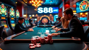 S88 casino players strategizing at a vibrant poker table with lively slot machines in the background