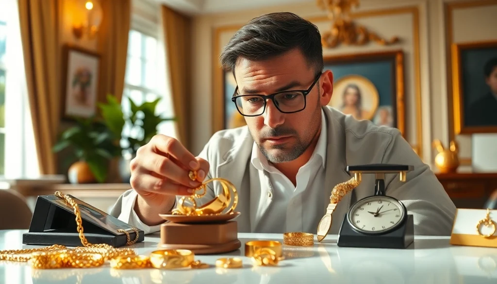 Goldankauf Kerpen: Experten bewerten sorgfältig Goldschmuck in einem eleganten Büro.