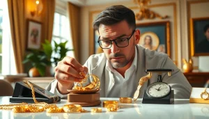 Goldankauf Kerpen: Experten bewerten sorgfältig Goldschmuck in einem eleganten Büro.