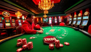 Engaging gamblers at a TR88 casino poker table with vibrant chips and luxurious decor.