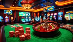 Experience excitement at okfun casino with vivid poker chips and roulette wheels.