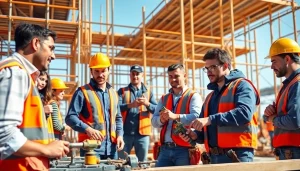 Hands-on construction training programs for diverse workers using tools in a vibrant site.