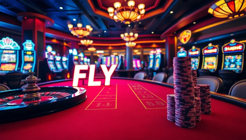FLY 88 showcases an exciting casino experience with elegant gaming tables and vibrant slot machines.