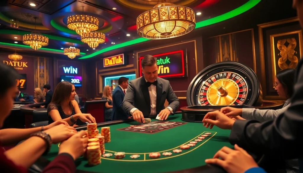 Para pemain merayakan kemenangan Datuk Win di meja poker kasino yang penuh warna di tengah nuansa mewah.