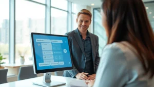 AI Receptionist assisting clients in a modern office environment with advanced technology.