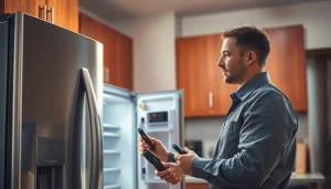 Skilled technician performing appliance repair in Ottawa, focusing on a refrigerator.