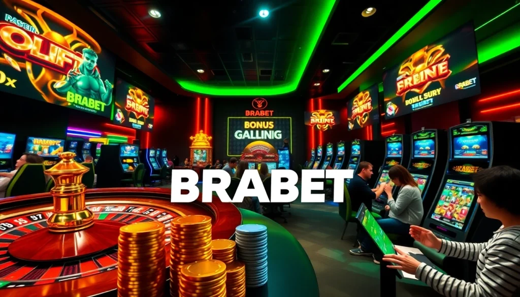 Players enjoying online gambling with BRABET's engaging platform featuring vibrant casino elements.