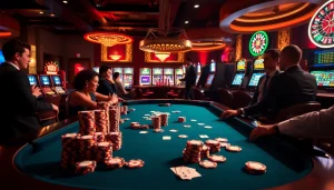 Players engaging in an exciting poker game at a casino table featuring 789PP chips and vibrant slots.