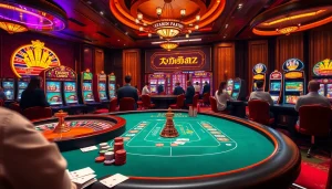 Experience the thrill of רמי אונליין in this vibrant digital casino scene featuring blackjack tables and spinning roulette.