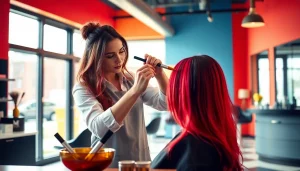 Aplicând tehnici de vopsire la salon vopsit bucuresti, specialist talentat îngrijind un client.