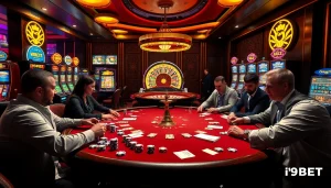 I9BET players excitedly engage at a poker table amid a luxury casino backdrop.