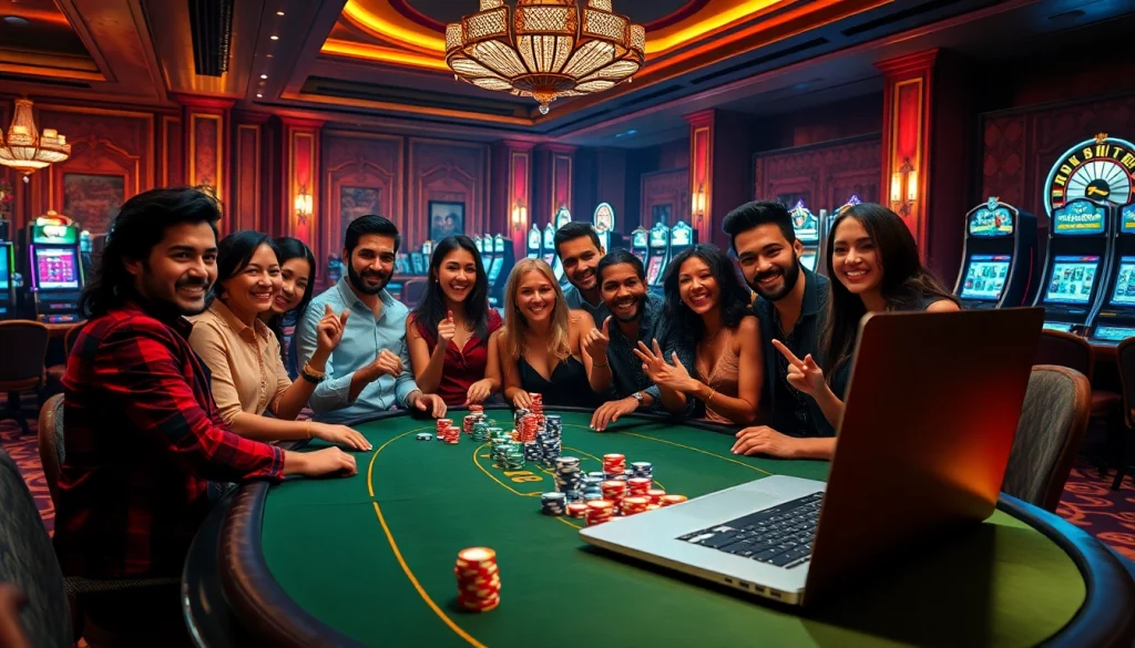 A thrilling casino scene with gamblers focusing on the hidden wiki dark web and poker tables full of action.
