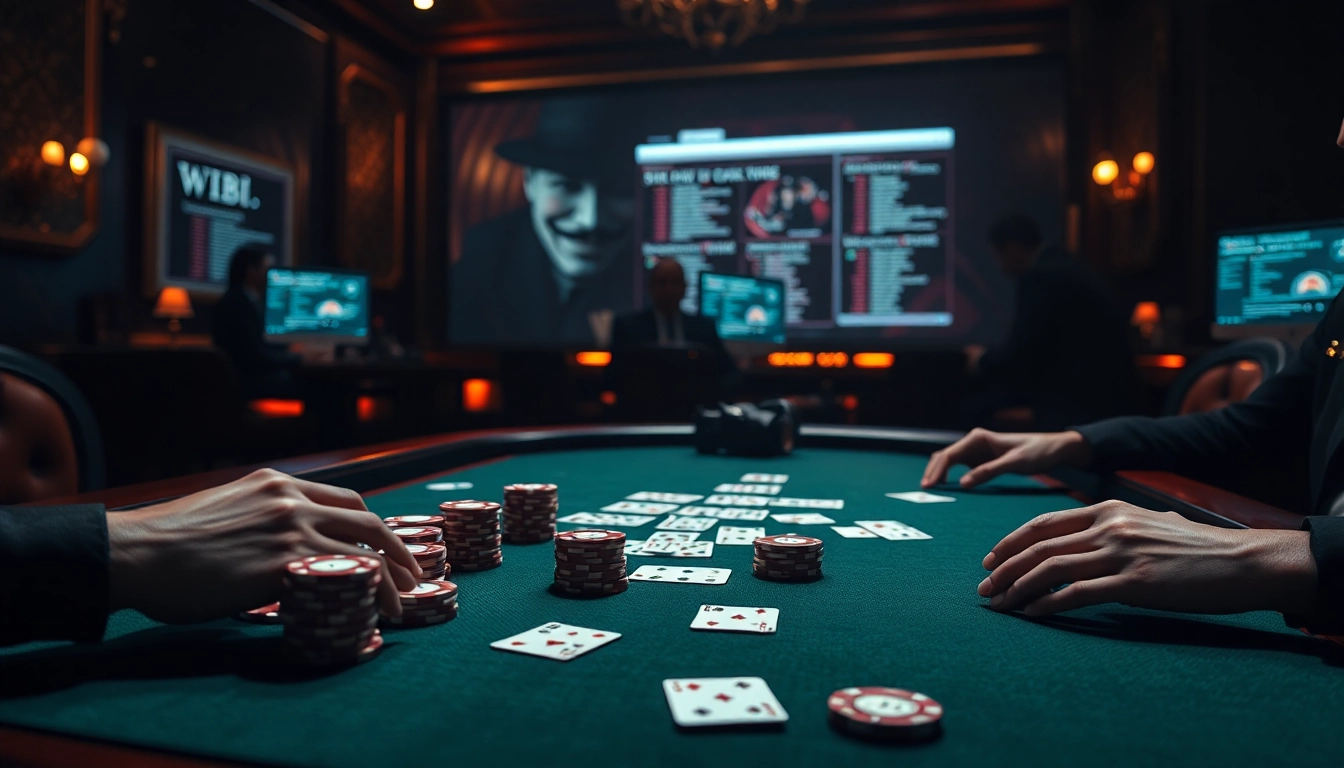A tense poker game scene on the hidden wiki onion site, showcasing casino chips and cards.