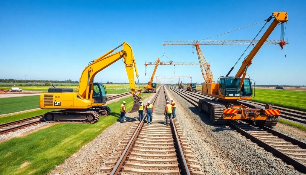 Workers and machinery sighting progress in railroad contractors USA project.