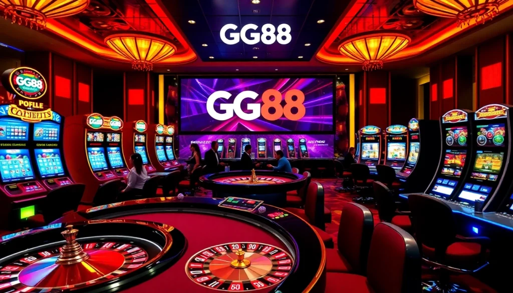 Gamblers enjoying iconic casino games at GG88 with vibrant tables and slot machines.