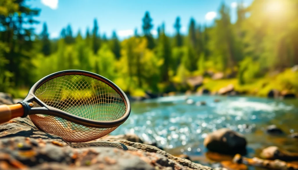 Fly fishing net elegantly designed on a rocky river bank, showcasing its fine craftsmanship.