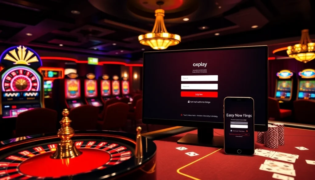 Engage with the vibrant oxplay login interface amid a luxurious online casino atmosphere.