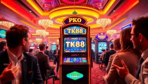 Players enjoying the TK88 slot machine in a luxurious casino environment, showcasing excitement.